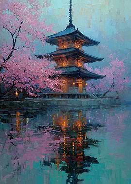 Pagoda Reflection in Cherry Blossom Season