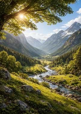 Sunlit Mountain Valley River