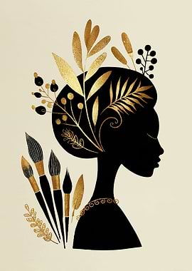 Silhouette of a Woman with Golden Botanicals