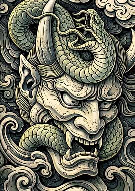Japanese Oni Mask with Serpent