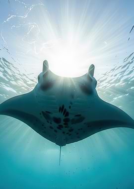 Manta Ray swimming towards the sun