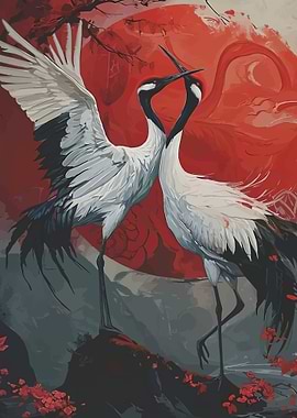 Two Cranes in Front of a Red Sun