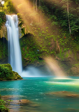 Lush Waterfall in Tropical Jungle