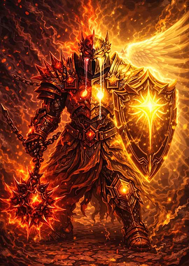 Fiery Warrior with Shield and Flail