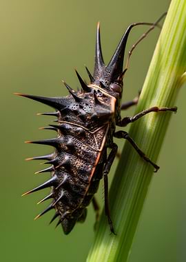 Spiky insect on a green stem