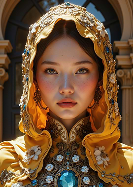 Young Woman in Ornate Yellow Hooded Robe