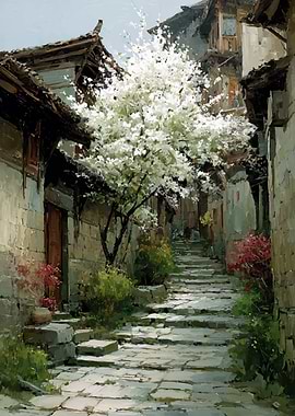 Stone Stairway Lined with Blooming Tree