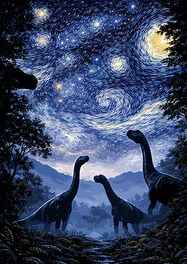 Dinosaurs Under a Starry Night Sky