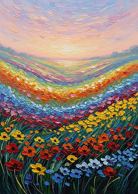 Impressionistic Field of Flowers at Sunset