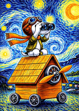 Snoopy as a Pilot in Starry Night