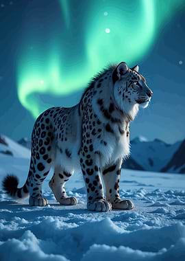 Snow Leopard Under Aurora Borealis
