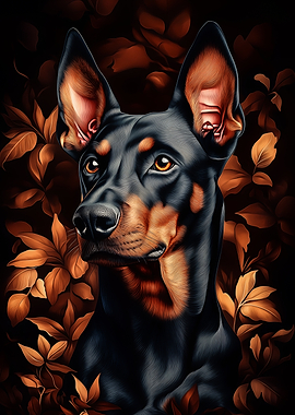 Doberman Pinscher Portrait with Autumn Leaves