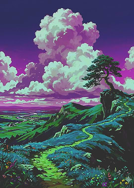 Anime Landscape with Tree and Clouds