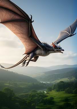 Dragon Bat Flying Over Green Hills