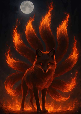 Nine-Tailed Fox with Fiery Tails