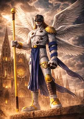 Angelic Warrior with Staff and Cathedral