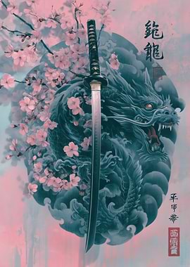 Samurai Sword with Dragon and Cherry Blossoms
