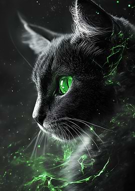 Mystical Black Cat with Green Eyes