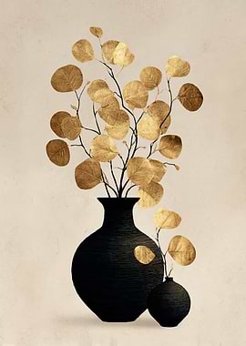 Gold Eucalyptus in Black Vases