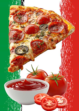 Pepperoni Pizza Slice with Tomatoes and Ketchup