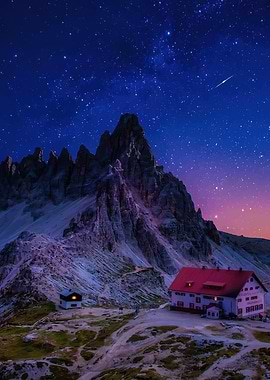 Mountain lodge under starry night sky
