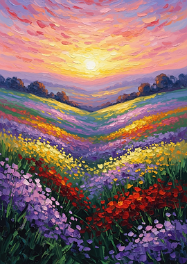 Impressionist Field of Flowers at Sunset