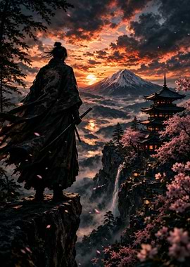 Samurai Overlooking Mount Fuji at Sunset