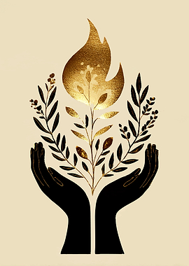 Hands holding golden flame and plants