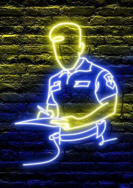 Neon Police Man Police Officer Writing in Blue Uniform Metal Displate Wall Art