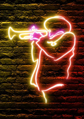 Neon Trumpet Player Musician on a dark Brick Wall Background Metal Displate Wall Art