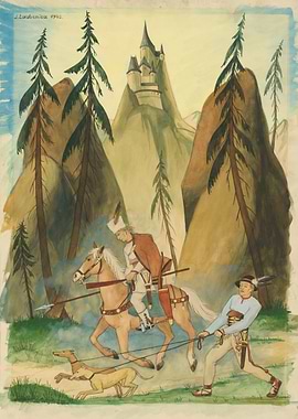 Medieval Castle Landscape with Riders and Dog