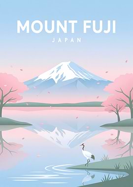 Mount Fuji with Cherry Blossoms and Crane