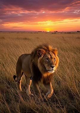 Lion walking at sunset