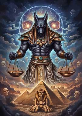 Anubis Weighing Souls with Pyramids