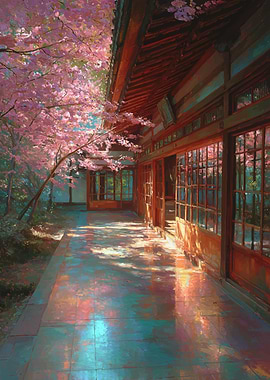 Japanese Temple Hallway with Cherry Blossoms