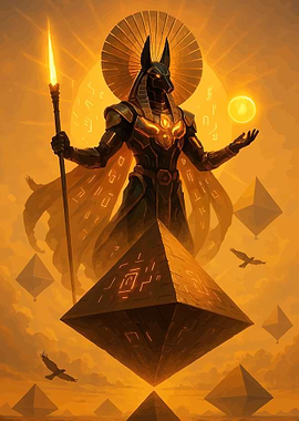 Anubis with Pyramids and Sun