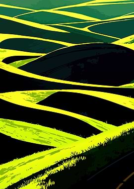 Stylized Rolling Hills with Yellow Stripes