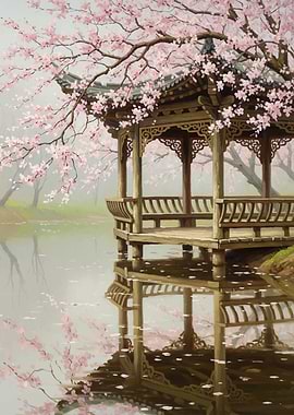 Gazebo by Cherry Blossoms and Lake