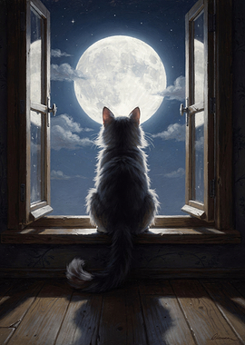 Cat Gazing at the Full Moon