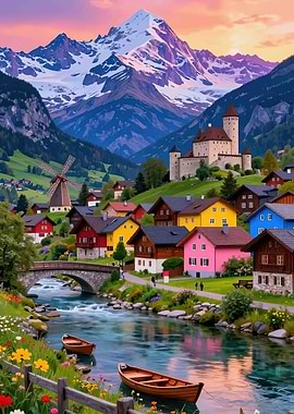 Alpine Village with Castle and River