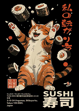 Sushi Cat Poster, Funny Cat Eating Sushi Art, Cute Japanese Food Wall Print
