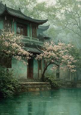 Tranquil Asian Garden with Cherry Blossoms