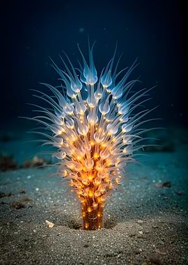 Bioluminescent Sea Anemone on Sandy Seabed