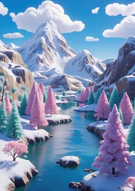 Whimsical Winter Mountain Landscape