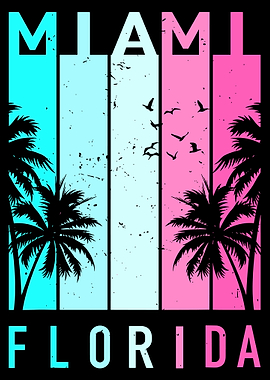Miami Florida Poster, Retro 80s Sunset Art, Vintage Beach Palm Tree Wall Print