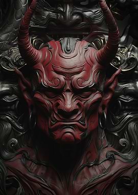 Red Oni Mask with Ornate Background