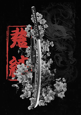 Samurai Sword with Cherry Blossoms and Dragon
