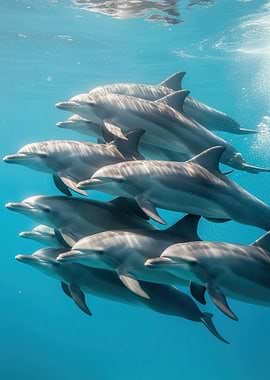 Pod of Dolphins Swimming Underwater