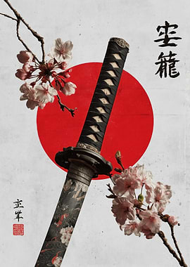 Samurai Sword with Cherry Blossoms and Japanese Sun