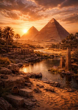 Ancient Egyptian Pyramids at Sunset